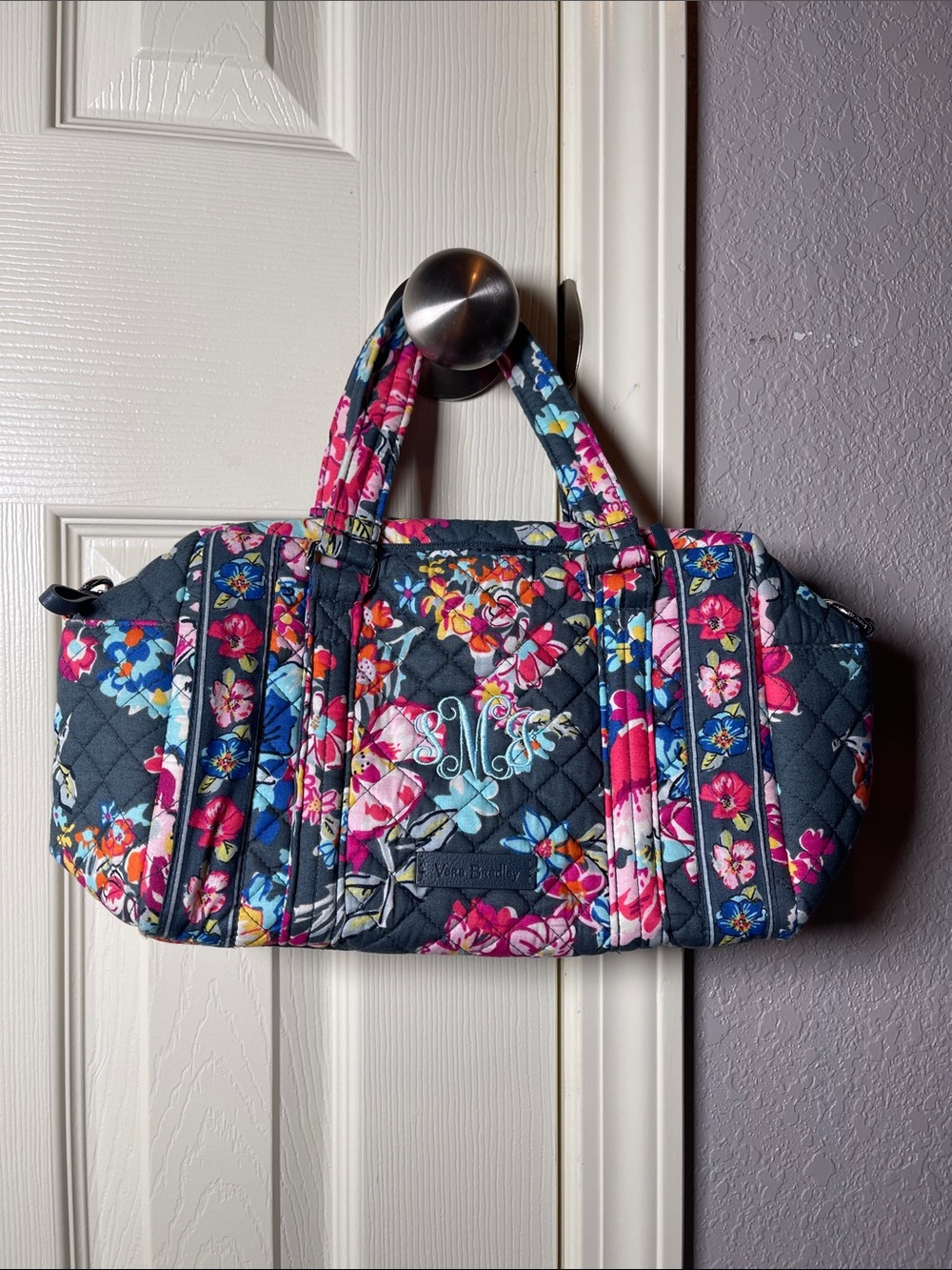 Vera Bradley Navy Quilted Duffel with Pink & Blue Floral Print
